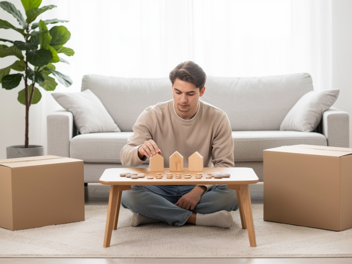 Junge Frau plant erste Wohnung Kosten mit Laptop und Haushaltsbudget am Tisch