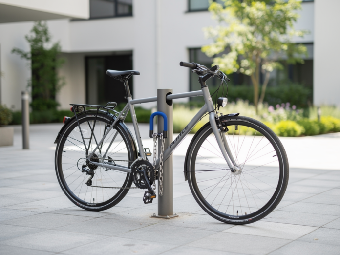 Fahrrad mit sicherem Bügelschloss vor Diebstahl geschützt am Fahrradständer