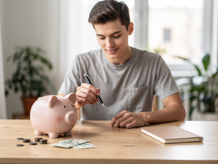 Student mit Laptop plant Finanzen und erstellt Budget für nachhaltiges Sparen