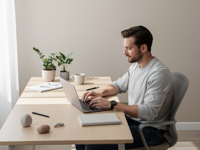 Moderner Freelancer arbeitet entspannt am Laptop mit übersichtlichem Girokonto im Online-Banking