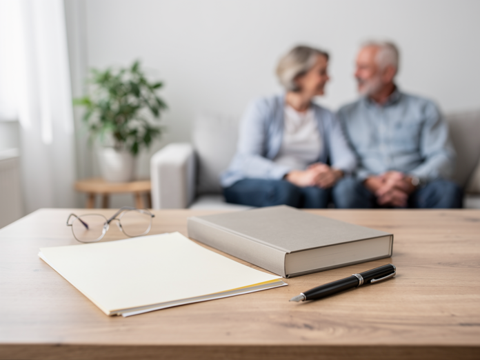 Illustration der Erbfolge mit Familie und Testament als Nachlassplanung