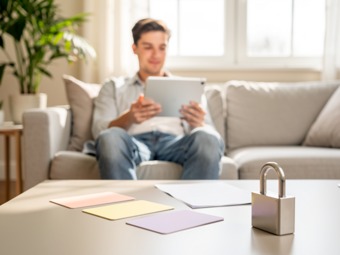 Junge Frau eröffnet sicher und bequem ihr Konto online am Laptop zu Hause
