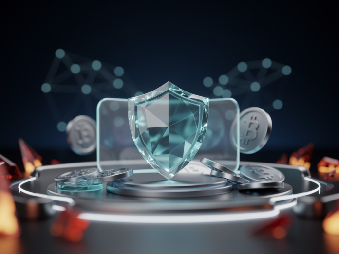 Illustration eines sicheren Krypto Phishing Schutzes mit digitalem Schutzschild und Verifizierung