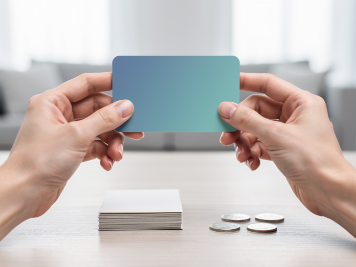 Hand hält Prepaid Kreditkarte zum sicheren und kostenkontrollierten Bezahlen