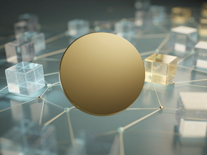 Bitcoin-Logo vor Blockchain- und digitalen Netzwerkstrukturen zur Erklärung der Funktionsweise